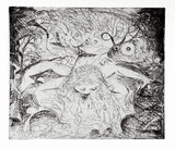 Artist: b'BOYD, Arthur' | Title: bNude washing in a creek with watching head and ram's head. | Date: (1962-63) | Technique: b'etching, printed in black ink, from one plate' | Copyright: b'Reproduced with permission of Bundanon Trust'