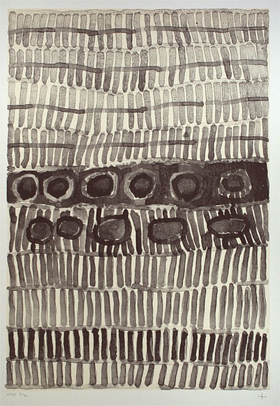 Artist: b'WARLAPINNI, Freda' | Title: b'Body painting' | Date: 2001, January | Technique: b'lithograph, printed in black and yellow ink, from two stones' | Copyright: b'\xc2\xa9 Freda Warlapinni, Jilamara Arts and Craft'