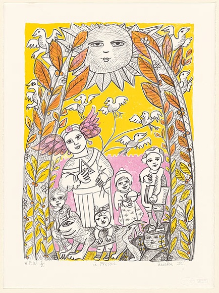 Artist: b'Mora, Mirka.' | Title: b'\xc3\x81 Preshil' | Date: 1996, February - March | Technique: b'lithograph, printed in pink, yellow and black ink, from multiple stones' | Copyright: b'\xc2\xa9 Mirka Mora'