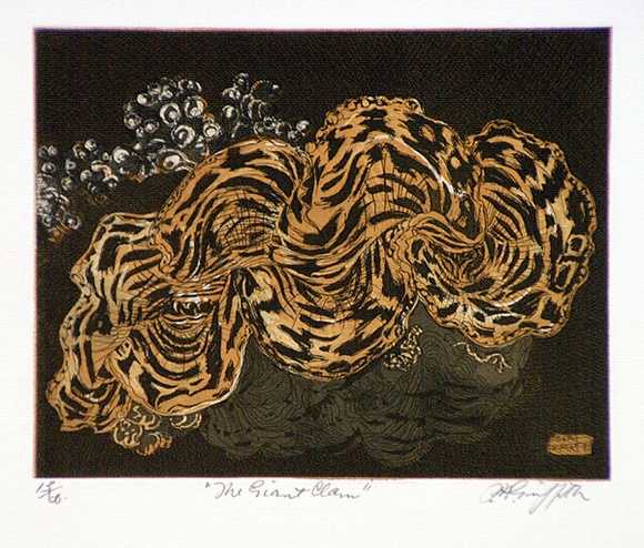 Artist: b'GRIFFITH, Pamela' | Title: b'The giant clam (brown)' | Date: 1981 | Technique: b'etching, printed in black ink, from one plate' | Copyright: b'\xc2\xa9 Pamela Griffith'