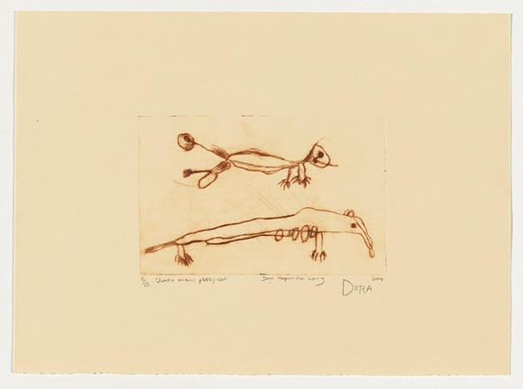 Artist: b'Napurrula Long, Dora.' | Title: b'Juntu manu - pussy cat' | Date: 2004 | Technique: b'drypoint etching, printed in brown ink, from one perspex plate'