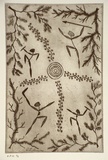 Artist: Harrison, Bill. | Title: not titled [4 figures around concentric circle with foliage designs] | Date: 1999, May | Technique: etching, printed in black ink, from one plate