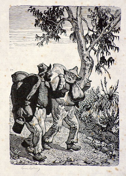 Artist: b'LINDSAY, Lionel' | Title: b'Two sundowners, Brunny and Swampy' | Date: 1939 | Technique: b'wood-engraving, printed in black ink, from one block' | Copyright: b'Courtesy of the National Library of Australia'