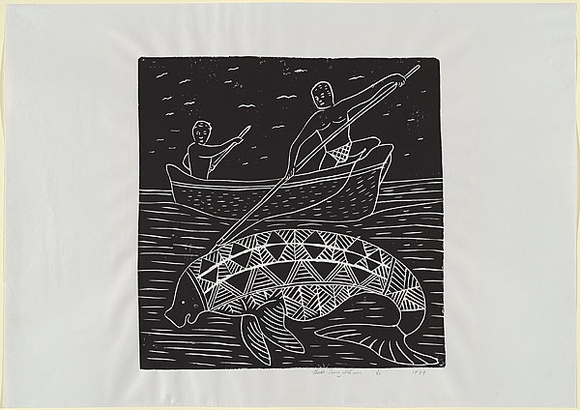 Artist: TUNGUTALUM, Bede | Title: Men hunting dugong | Date: 1987 | Technique: woodcut, printed in black ink, from one block | Copyright: © Bede Tungutalum, Licensed by VISCOPY, Australia