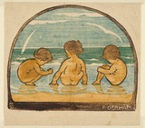 Artist: Derham, Frances. | Title: (Tom, David and Bill at the seaside). | Date: 1931 | Technique: linocut, printed in colour, from multiple blocks