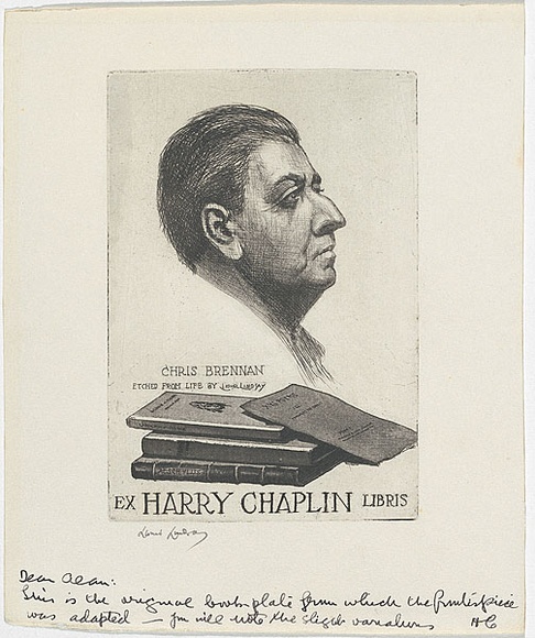 Artist: b'LINDSAY, Lionel' | Title: b'Bookplate: Harry Chaplin' | Technique: b'etching, aquatint and roulette, printed in black ink, from one plate' | Copyright: b'Courtesy of the National Library of Australia'