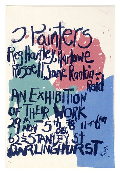 Artist: b'Hartley, Reg.' | Title: b'Three painters: Reg Hartley, Marlowe Russell, Jane Rankin-Reid. An exhibition of their work.' | Date: 1978 | Technique: b'screenprint, printed in colour, from four stencils'