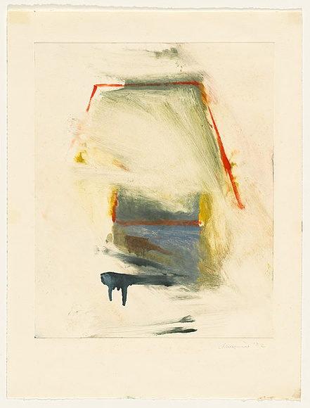 Artist: Maguire, Tim. | Title: Not titled [monoprint of white, red and yellow, blue marks at centre] | Date: 1982 | Technique: monoprint, printed in colour, from one plate