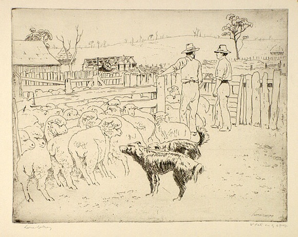 Artist: b'LINDSAY, Lionel' | Title: b'Drafting sheep' | Date: 1947 | Technique: b'etching and foul biting, printed in warm black ink, from one plate' | Copyright: b'Courtesy of the National Library of Australia'