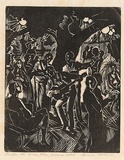 Artist: PATTERSON, Ambrose | Title: Under the ikan tree, Mouna Hotel | Date: c.1925 | Technique: woodblock, printed in black ink, from one block