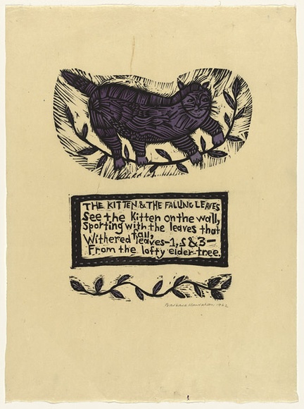 Artist: b'HANRAHAN, Barbara' | Title: b'The kitten and the falling leaves' | Date: 1962 | Technique: b'linocut, printed in black ink, from three blocks'