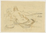 Artist: b'Hirschfeld Mack, Ludwig.' | Title: bnot titled [Reclining female nude in landscape] [recto]; [Study for 'Reclining female nude in landscape'] [verso] | Date: (1950-59?) | Technique: b'transfer print (recto)'