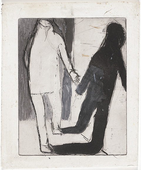 Artist: b'MADDOCK, Bea' | Title: b'Figure and shadow III.' | Date: May 1965 | Technique: b'line-etching and aquatint, printed in black ink, from one copper plate; additions in brush and black ink wash'