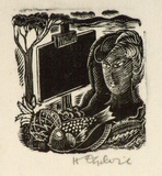 Artist: OGILVIE, Helen | Title: not titled [Mannequin woman's head with hat, black canvas or slate, tree, fruit and fish]. | Date: c.1940 | Technique: wood-engraving, printed in black ink, from one block