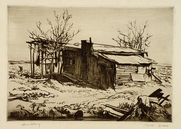 Artist: b'LINDSAY, Lionel' | Title: bJohn Chinaman's | Date: 1937 | Technique: b'drypoint, printed in brown ink with plate-tone, from one plate' | Copyright: b'Courtesy of the National Library of Australia'
