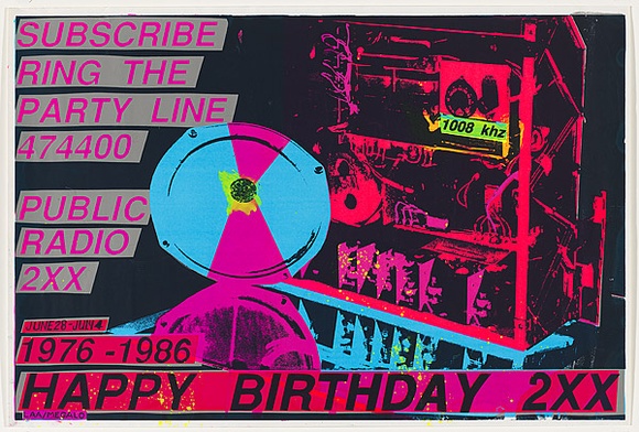 Artist: b'Megalo International Screenprinting Collective.' | Title: b'Poster: Happy birthday 2XX, 1976-1986' | Date: 1986 | Technique: b'screenprint, printed in colour, from multiple stencils'