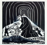 Artist: b'Allen, Joyce.' | Title: b'(Pai Korri pulls Winnie from the pond) (Illustration 5).' | Date: 1987 | Technique: b'linocut, printed in black ink, from one block; additions in brush and gouache'