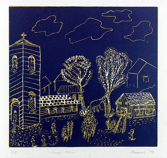 Artist: b'SHEARER, Mitzi' | Title: b'Village scene' | Date: 1979 | Technique: b'linocut, printed in colour, from two blocks'