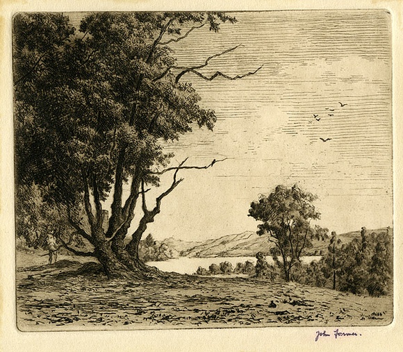 Artist: b'Farmer, John.' | Title: b'Landscape with figures.' | Date: 1960 | Technique: b'etching, printed in brown ink with plate-tone, from one plate'