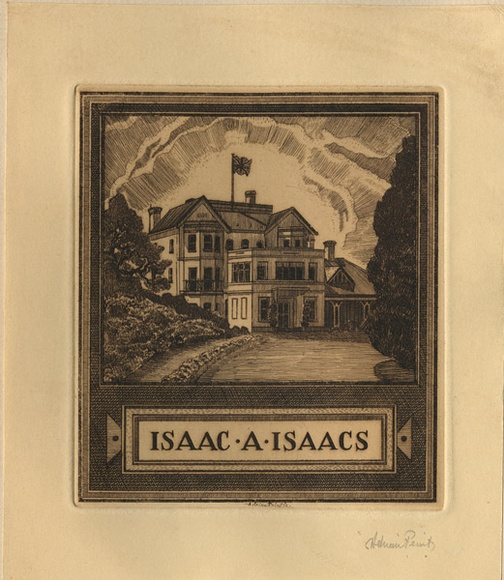 Artist: b'FEINT, Adrian' | Title: b'Bookplate: Isaac A Isaacs.' | Date: (1936) | Technique: b'etching, printed in brown ink with plate-tone, from one plate' | Copyright: b'Courtesy the Estate of Adrian Feint'