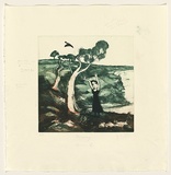 Artist: Shead, Garry. | Title: Currawong | Date: 1991-94 | Technique: etching and aquatint, printed in green and brown inks, from two plates | Copyright: © Garry Shead