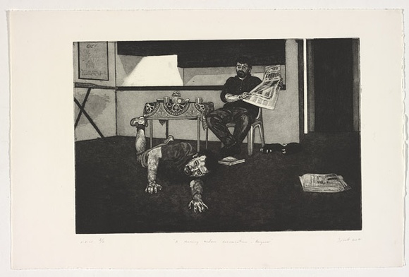 Artist: b'James, Garry.' | Title: b'A morning modern conversation - hangover' | Date: 1991, January | Technique: b'etching printed in black ink with plate-tone, from one plate'