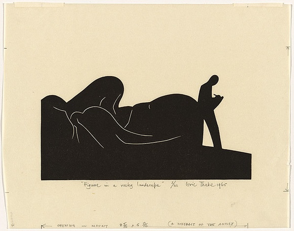 Artist: b'Thake, Eric.' | Title: b'Figure in a rocky landscape' | Date: 1965 | Technique: b'linocut, printed in black ink, from one block'