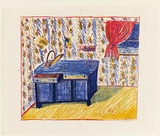 Artist: b'Eager, Helen.' | Title: b'(Side board with reading lamp).' | Date: 1975 | Technique: b'lithograph, printed in colour, from multiple blocks; with cut section folding to reveal 2nd colour lithograph'