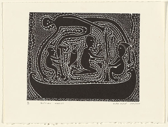 Artist: b'MOTLOP, Victor' | Title: b'Gul-aw Mariel' | Date: 2000 | Technique: b'linocut, printed in black ink, from one block'