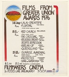 Artist: b'LITTLE, Colin' | Title: b'Films from Greater Union Awards 1976.' | Date: 1976 | Technique: b'screenprint, printed in colour, from four stencils'