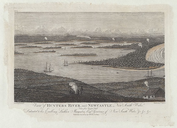 Title: View of Hunters River near Newcastle, New South Wales. Taken from Prospect Hill. | Date: 1812 | Technique: engraving, printed in black ink, from one copper plate