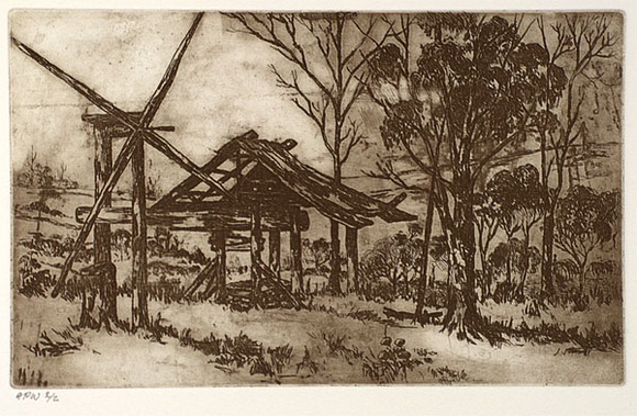 Artist: Stockfeld, R.H. | Title: The old wool press | Date: c.1935 | Technique: etching, printed in sepia ink, from one plate