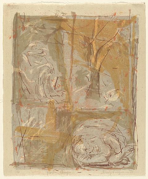 Artist: b'MACQUEEN, Mary' | Title: b'Jungle chimps' | Date: 1975 | Technique: b'lithograph, printed in colour on recto and verso, from multiple plates' | Copyright: b'Courtesy Paulette Calhoun, for the estate of Mary Macqueen'