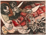 Title: not titled [carrying knives] | Date: 1989 | Technique: etching, printed in black ink with plate-tone, from one plate; hand-coloured