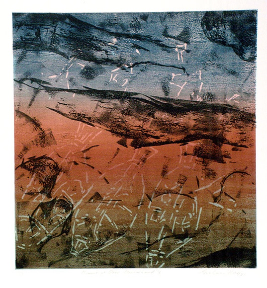 Artist: b'KING, Grahame' | Title: b'Monument at Obiri, Arnhem Land V' | Date: 1981 | Technique: b'lithograph, printed in colour, from multiple stones [or plates]'