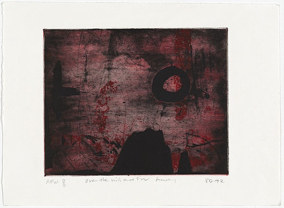 Artist: b'Danaher, Suzanne.' | Title: b'Over the hill and far away' | Date: 1992, December | Technique: b'etching and aquatint, printed in black and red ink, from three plates'