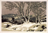 Artist: b'The Warners.' | Title: b'Snowy Mountains Landscape' | Date: c.1940 | Technique: b'linocut, printed in colour, from multiple blocks'