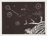 Artist: COLEING, Tony | Title: Battlefield (man in blindfold with racquet). | Date: 1986 | Technique: linocut, printed in black ink, from one block