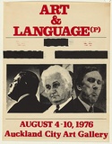 Artist: b'Smith, Terry.' | Title: b'Art & Language (P). Piggy Cur Prefect / August 4-10, 1976 Auckland City Art Gallery' | Date: 1976 | Technique: b'screenprint, printed in colour, from two stencils;  with subsequent black pigment obscuring text.'