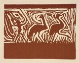 Artist: MOIRA | Title: Greeting card: (Dancing emus) | Date: (1950s) | Technique: linocut, printed in brown ink, from one block