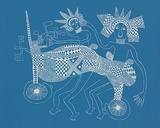 Artist: b'Kauage, Mathias.' | Title: b'Motor cyclists' | Date: December 1975 | Technique: b'screenprint, printed in white and blue, from two screens' | Copyright: b'\xc2\xa9 approved by Elisabeth Kauage'