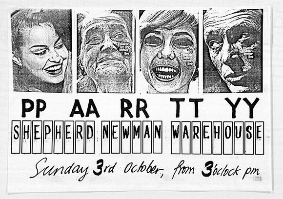 Artist: b'MERD INTERNATIONAL' | Title: b'PP AA RR TT YY Sunday 3rd October' | Date: 1984 | Technique: b'screenprint'