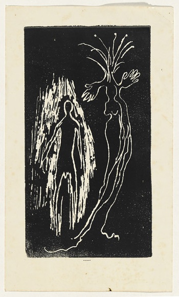 Artist: b'Lempriere, Helen' | Title: b'Bimi creating woman' | Date: 1960s | Technique: b'linocut, printed in black ink, from one block'