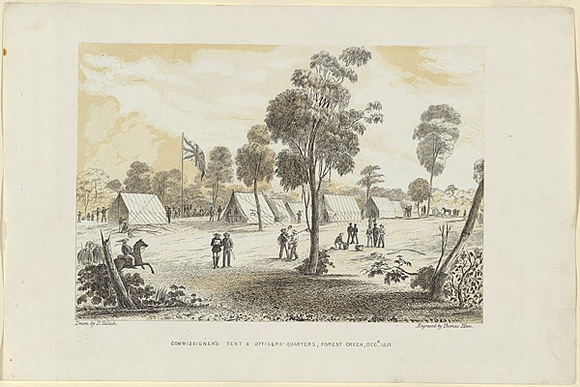 Title: bCommissioner's Tent & Officer's Quarters, Forest Creek, December 1851. | Date: 1852 | Technique: b'lithograph, printed in colour, from two stones'