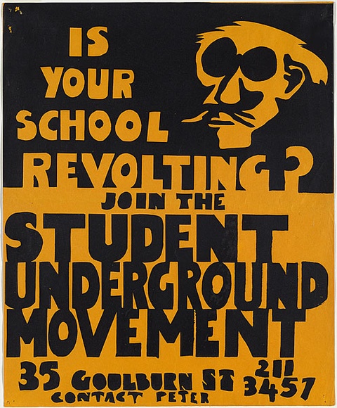 Artist: b'MACKINOLTY, Chips' | Title: b'Is your school revolting ?' | Date: 1969 | Technique: b'screenprint, printed in black ink, from one stencil'
