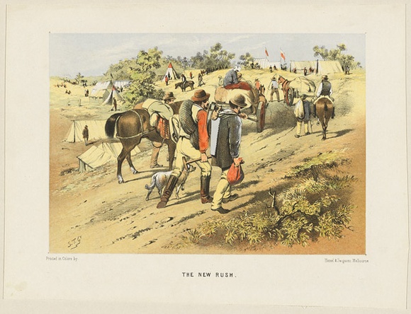 Title: b'The new rush' | Date: 1865 | Technique: b'lithograph, printed in colour, from multiple stones'