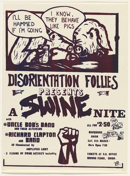 Artist: b'UNKNOWN' | Title: b'Disorientation Follies presents a swine nite.' | Date: 1976 | Technique: b'screenprint, printed in purple ink, from one stencil'