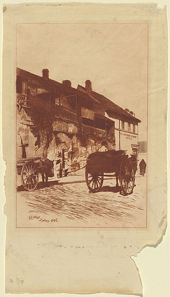 Artist: b'Hopkins, Livingston.' | Title: b'Governor Bourke Hotel' | Date: 1886 | Technique: b'etching, printed in red/brown ink with plate-tone, from one copper plate'