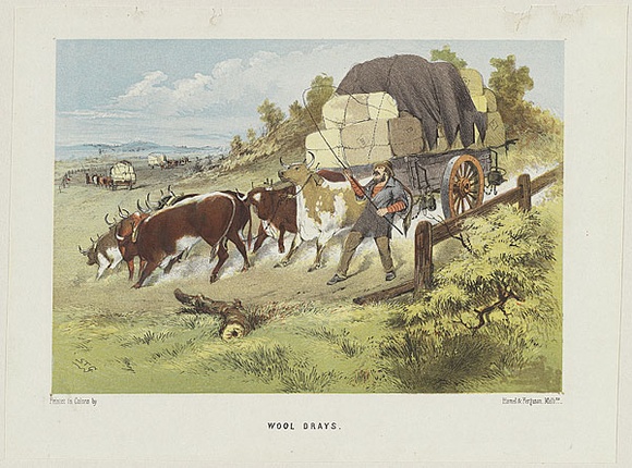 Artist: b'GILL, S.T.' | Title: b'Wool drays' | Date: 1865 | Technique: b'lithograph, printed in colour, from multiple stones'