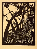 Artist: b'Stephen, Clive.' | Title: b'(Woodcutter in forest)' | Date: c.1950 | Technique: b'linocut, printed in black ink, from one block'